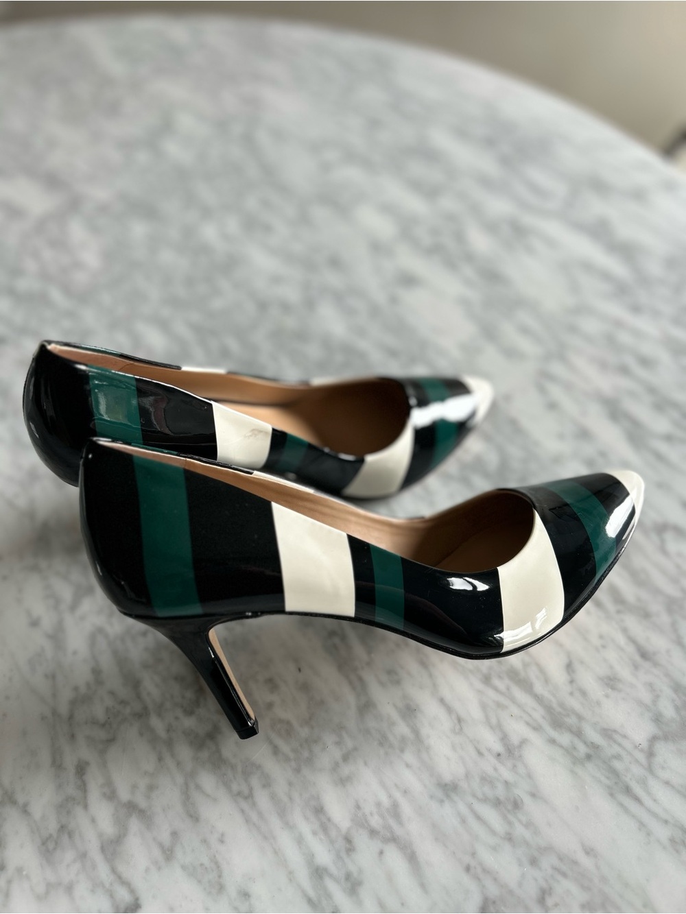 I.N.C."Zitah" Striped Patent Pumps/ Forest green, white & Black (size 10M)